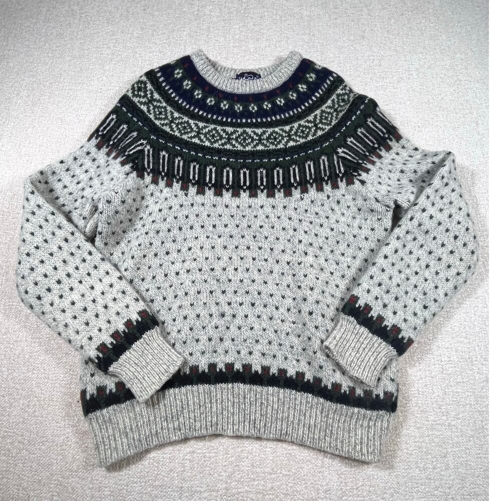 Vintage Woolrich Men’s L Gray Blue Striped Nordic Fair Isle High Neck Pullover